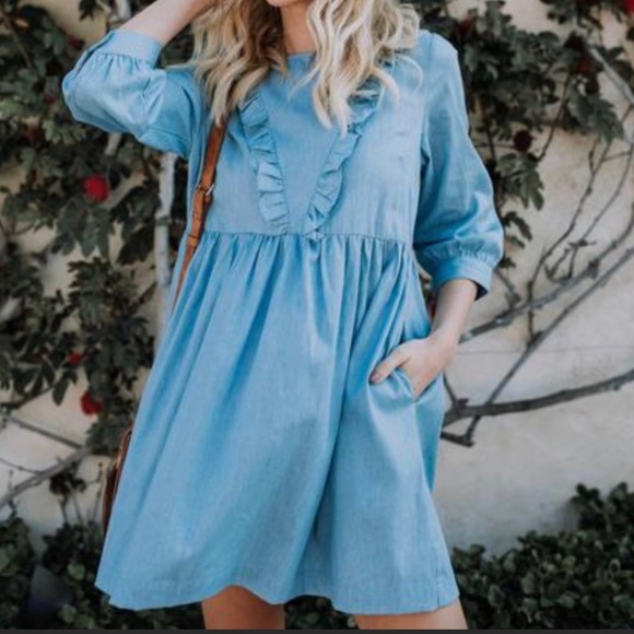 Light Wash Denim Chambray Ruffle Dress - Picture 2 of 6